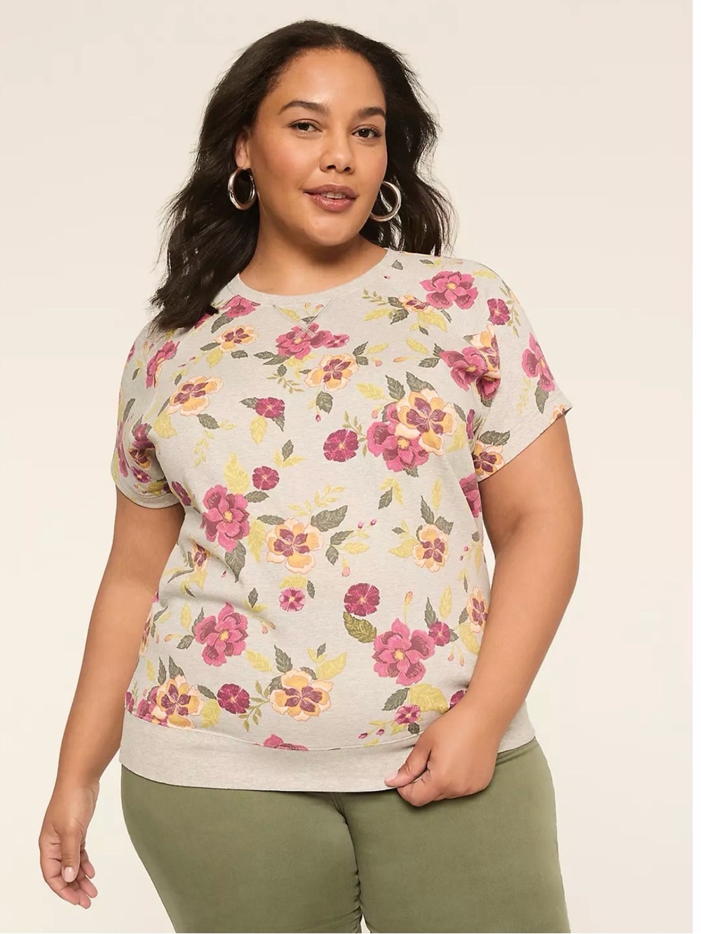 Lane Bryant Gray Floral Short Sleeve Sweatshirt